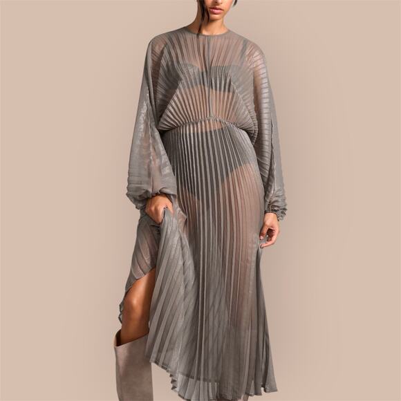 Anthropologie Sheer Pleated Long-Sleeve Kaftan Maxi Dress Gray One Size NWOT - Picture 1 of 11